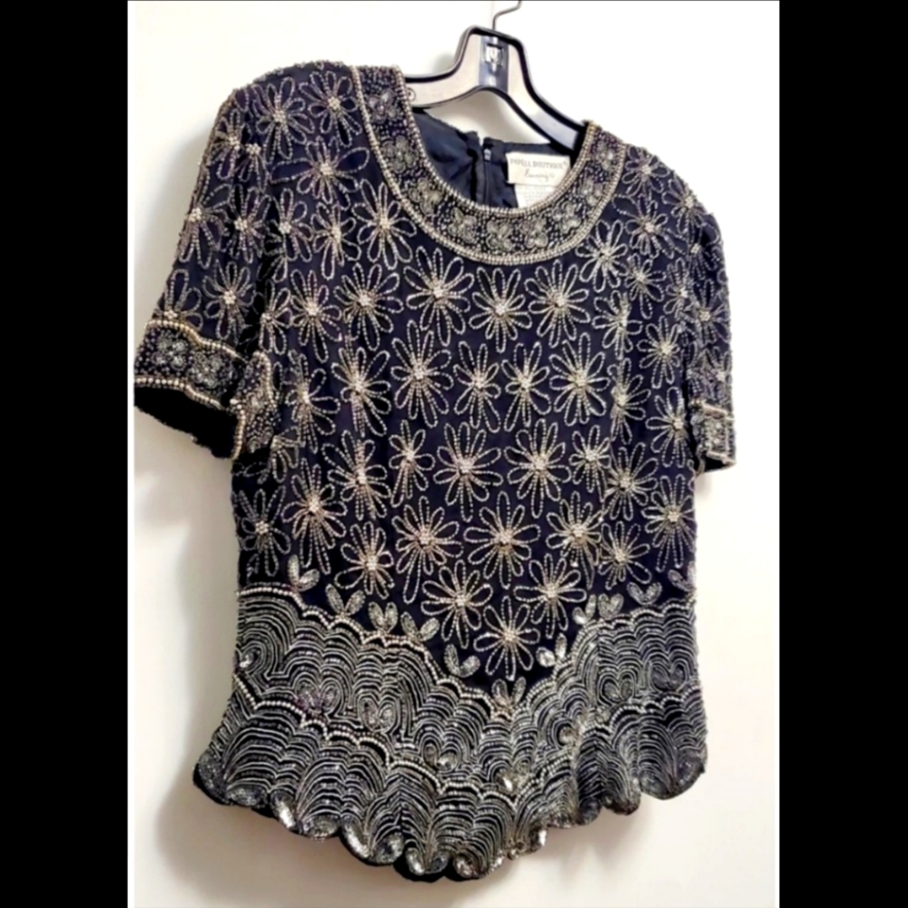 TWILIGHT- Vintage Black and Silver Sequin Top - Picture 2 of 4